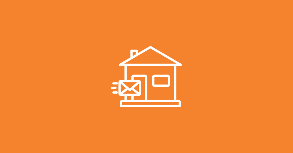 A white outline of a house with a mailbox and a letter in motion, symbolizing website visitor identification for direct mail, is centered on an orange background.
