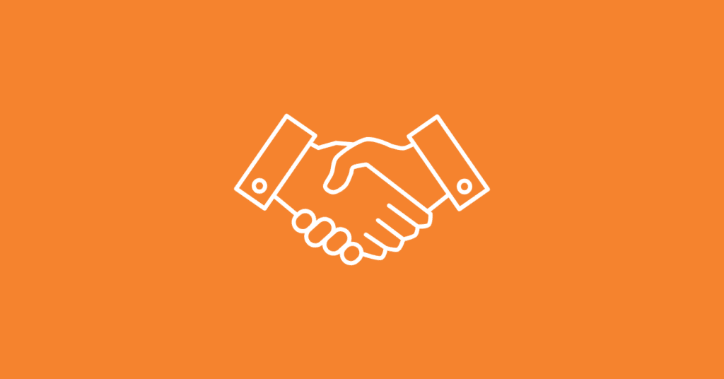 A simple white line drawing of two hands shaking, representing a handshake and symbolizing the best white label software for agencies, on a solid orange background.
