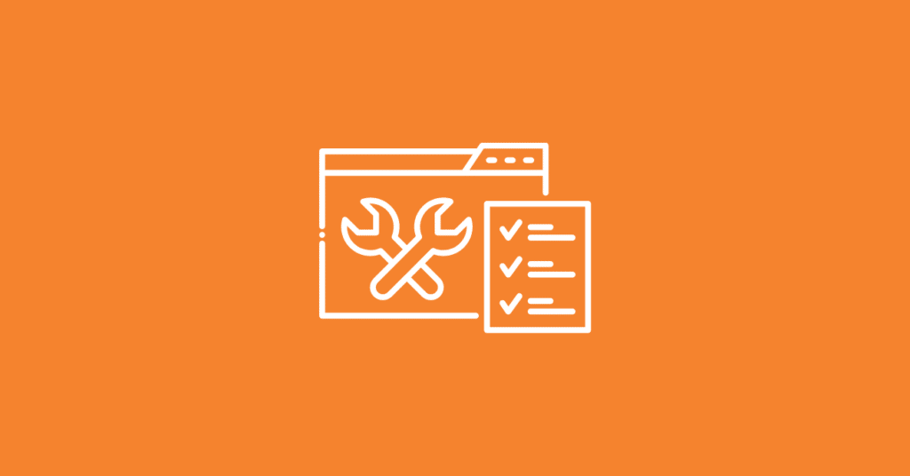 White outline of a browser window with a wrench and screwdriver crossed inside, symbolizing visitor identification tools, next to a checklist with checkmarks, on an orange background.