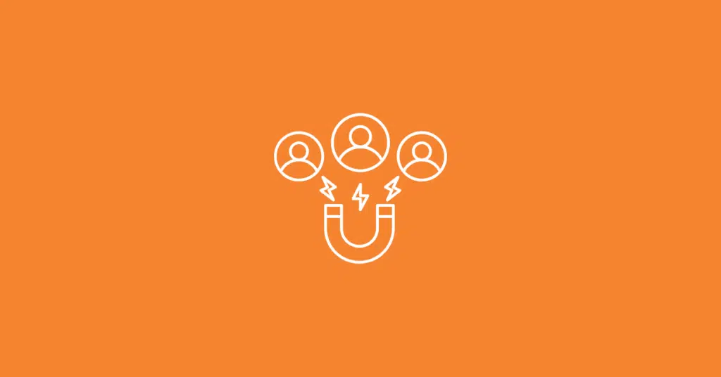 White outline of a magnet attracting three user icons on an orange background, symbolizing customer attraction or audience engagement—perfect for representing white-label lead generation software.