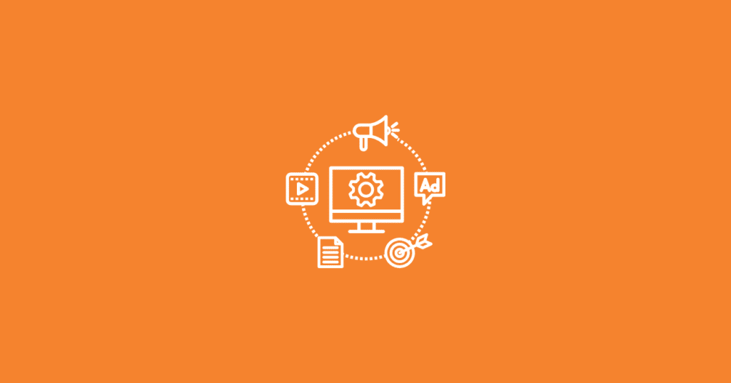 White digital marketing icons, including a monitor, megaphone, ad sign, video, document, and target—representing tools for white-label visitor identification—are arranged in a circle on an orange background.