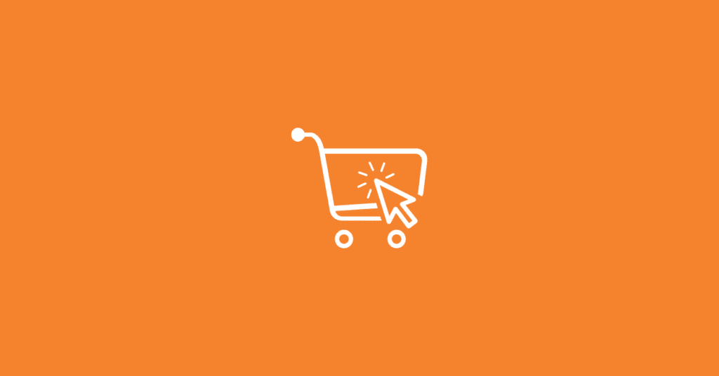 White shopping cart icon with a clicking cursor inside it, set against an orange background—perfect for highlighting anonymous visitor lead conversion opportunities.