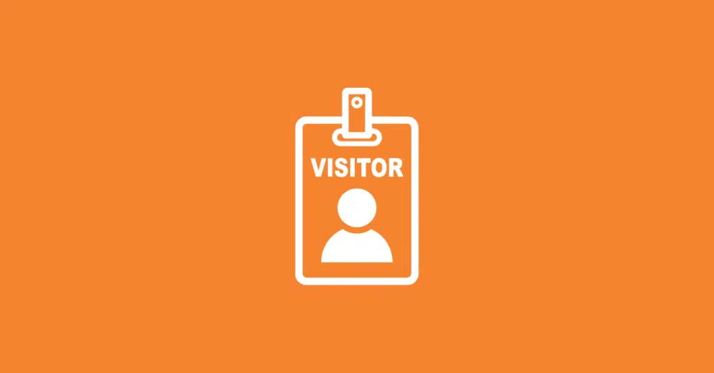 White icon of a visitor badge with a clip, featuring a person symbol and the word VISITOR above it, centered on an orange background—perfect for illustrating client website visitor identification.