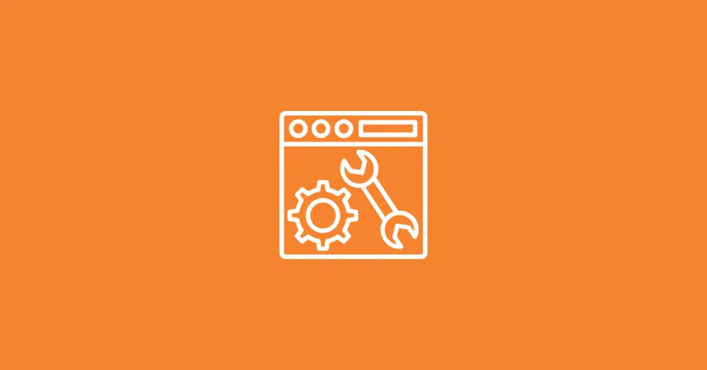 White outline of a browser window with a gear and wrench icon inside, symbolizing website maintenance or settings—such as DTC visitor identification—on an orange background.