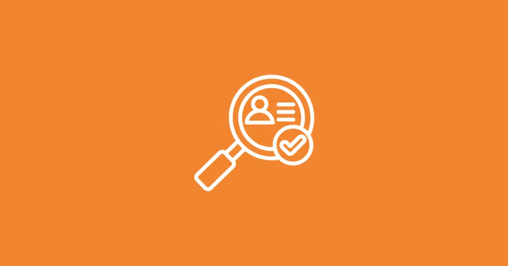 A magnifying glass icon over a contact profile card with a checkmark, representing visitor identification for agencies.