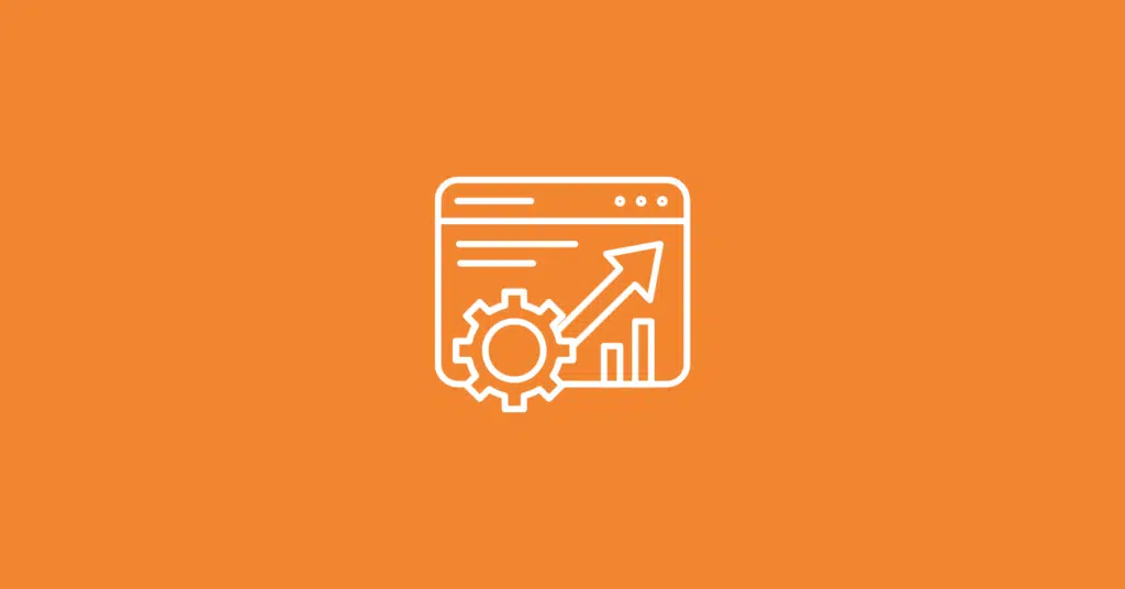 Line icon of a browser window containing a gear and an upward-trending bar graph representing website conversion rate optimization.
